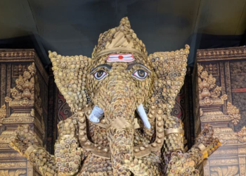 कोल्हापुरात ११११ द्रोणांपासून साकारली १८ फुटी गणेशमूर्ती; विसर्जनानंतर महाप्रसादासाठी होणार पुनर्वापर!